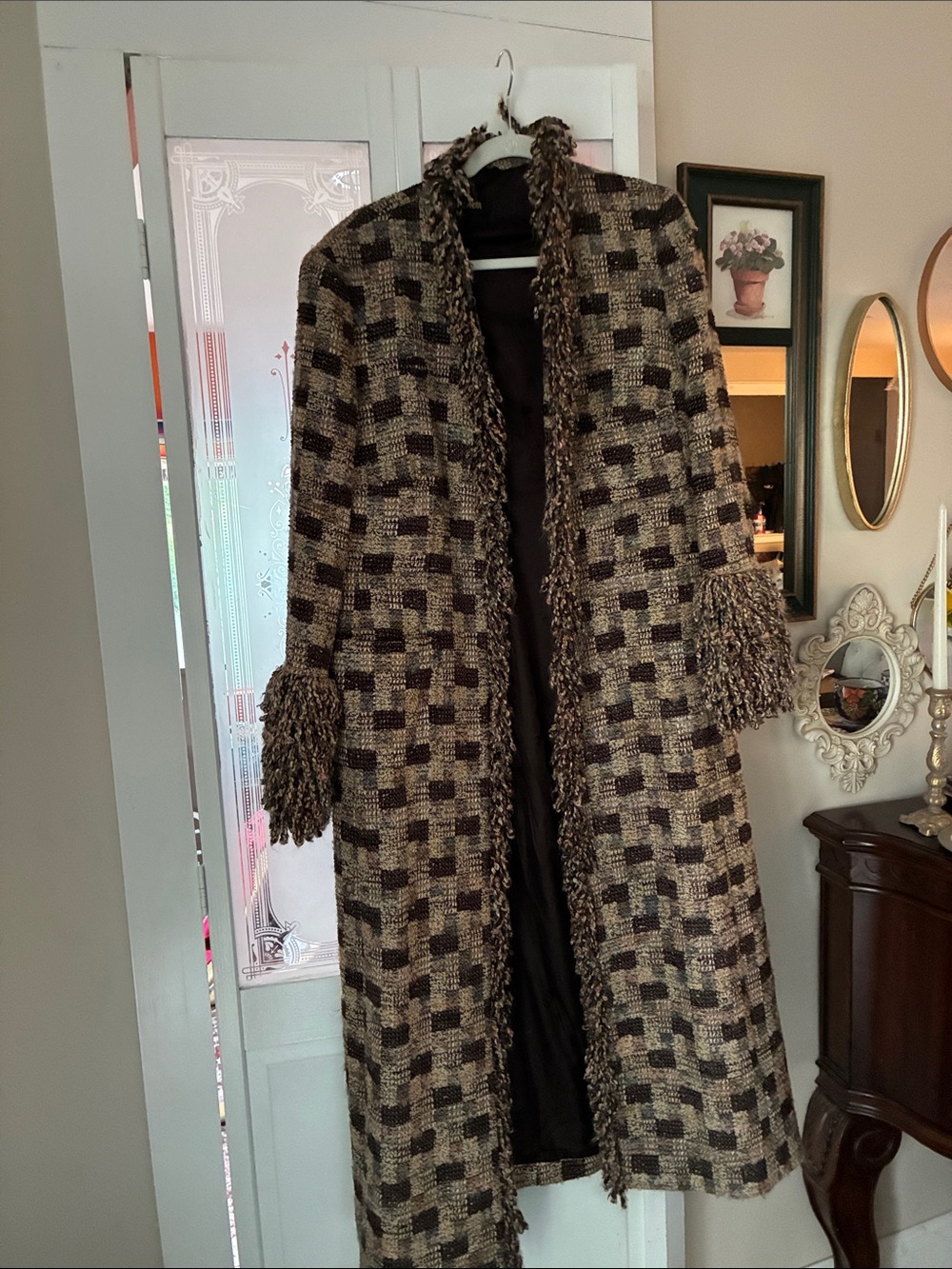 Escada Black and Cream Fringe-Trim Checkered Long Coat - Picture 8 of 8